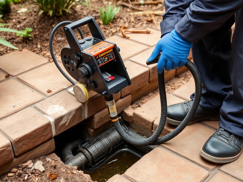 Máquina destapadora trabajando sobre un desagüe en un patio
